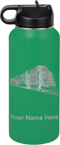 Vista 30 de LaserGram Botella de agua personalizada, tren de carga, acero inoxidable de doble pared aislada al vacío con popote superior, regalo grabado