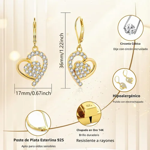 Vista 3 de Aretes colgantes de corazón de plata para mujer, aretes dorados con cierre
