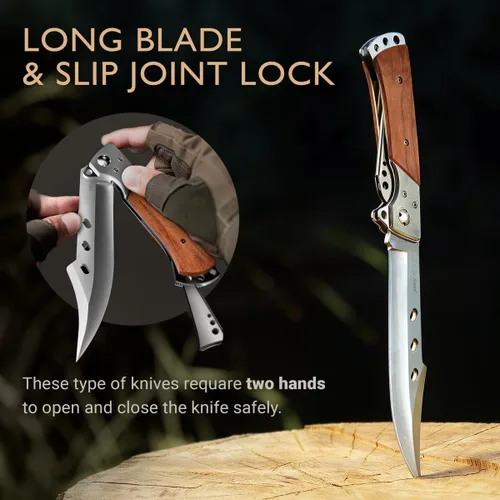 Vista 7 de Grand Way Cuchillo plegable de hoja larga – Cuchillos afilados para caza, senderismo, campamento, supervivencia táctica y trabajo para hombres