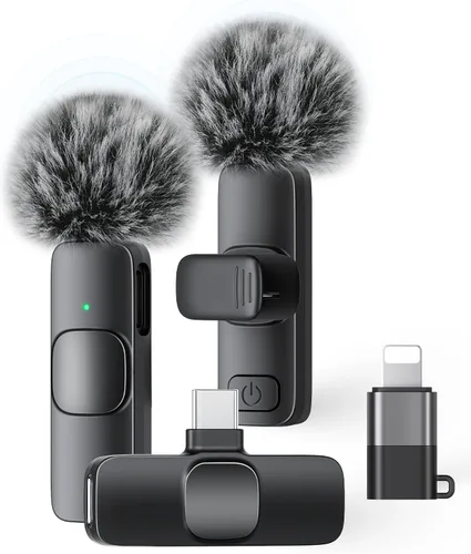 Vista 16 de Paquete de 2 micrófonos de solapa inalámbricos para iPhone, iPad y teléfono Android, micrófono de solapa Plug and Play, micrófono inalámbrico