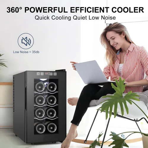 Vista 7 de Refrigerador Enfriador de Vinos de 8 Botellas, Refrigerador Pequeño de Vino, Mini Refrigerador de Vino de Encimera con Puerta de Vidrio, Bodegas