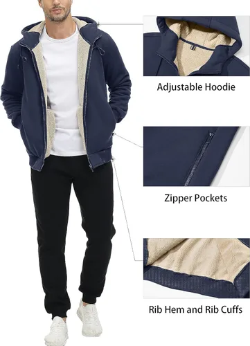 Vista 4 de MAGCOMSEN Chaqueta de forro polar con capucha para hombre, con cremallera completa, cálida, mullida, resistente al viento, abrigos de invierno