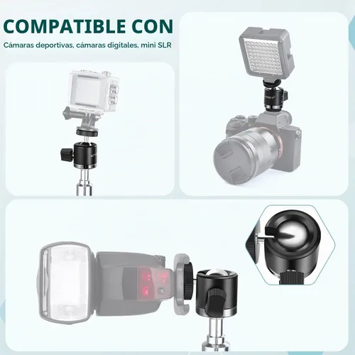 Vista 4 de UTEBIT Mini cabeza de bola, cabeza de trípode con zapata caliente de 1/4", adaptadores de montaje de cámara con cabeza de bola giratoria de 360°