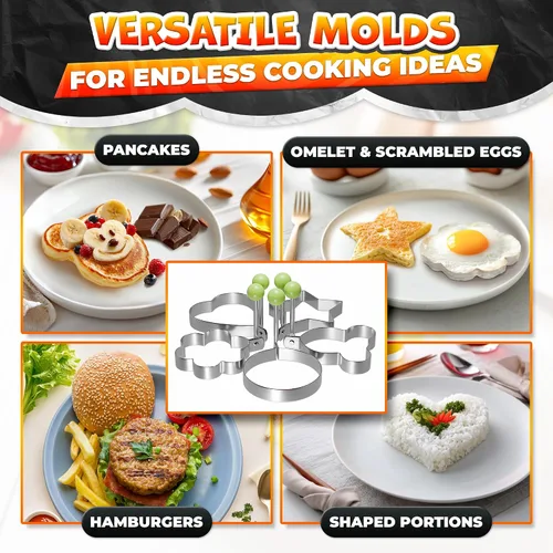 Vista 8 de Juego de moldes para panqueques de 5 piezas, acero inoxidable, asas plegables Pancake Molds for Griddle, 5 Shapes for Eggs, Omelets, Hash Browns &