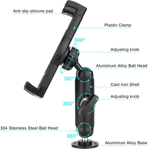 Vista 5 de Soporte de aluminio resistente para tablet para automóvil, soporte de tableta para camión, vehículos comerciales, salpicadero, barco y pared