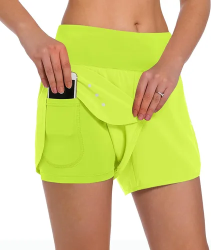 Vista 9 de Ksmien - Pantalones cortos de correr 2 en 1 para mujer, ligeros, para entrenamiento, gimnasio, yoga, forro con bolsillos para teléfono