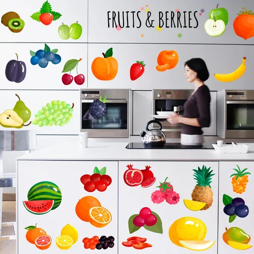 Vista 3 de Linda calcomanía de pared de frutas de dibujos animados DIY cocina verduras verdes verduras verdes sandía zanahoria berenjena cereza naranja