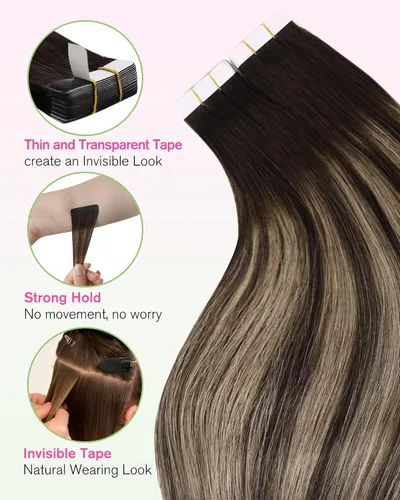 Vista 116 de YoungSee Extensiones de Cabello Humano con Cinta Balayage Extensiones de Cabello con Cinta Marrón Oscuro Extensiones de Cabello con Cinta Ombre