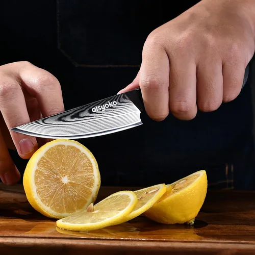 Vista 6 de aisyoko Cuchillo de pelar de 4.5 pulgadas, cuchillo de chef de acero Damasco con mango ergonómico G10, acero de alto carbono VG10, cuchillo