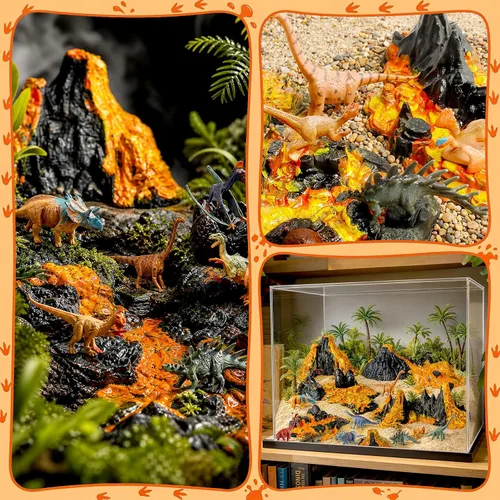 Vista 5 de Aydinids - Juego de 6 mini volcán con 12 figuras de dinosaurio, figuras de dinosaurios de plástico, juego de volcán artificial