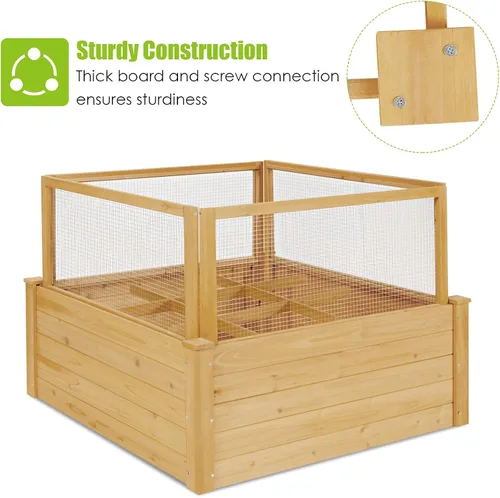Vista 5 de Giantex Cama de jardín elevada con valla, maceta de madera elevada con valla de protección, contenedor de plantas de 9 rejillas, caja de plantas al