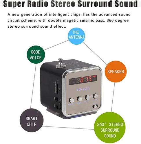 Vista 2 de Mini altavoz portátil reproductor de música, radio FM, altavoz estéreo, soporte para tarjeta TF y disco U, diseño breve, mini altavoz perfecto