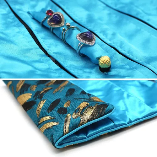 Vista 5 de Wei Long Rollo de joyería, bolsa de rollo de joyería de viaje, bolsa organizadora de joyas de brocado bordado de seda con cierre de corbata
