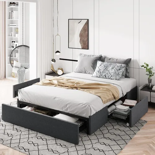 Vista 11 de Marco de cama Allewie tamaño matrimonial con plataforma y 3 cajones de almacenamiento, tapizado en piel sintética, soporte de listones de madera,