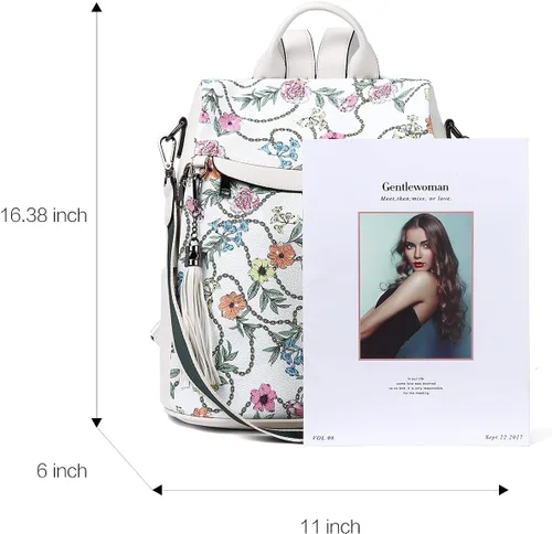 Vista 3 de Bromen - Mochila tipo bolso de mano de piel antirrobo para mujer a la moda, Beige floral, L