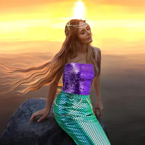 Vista 6 de Newcotte 4 piezas de disfraz de sirena para mujer, falda de tubo de lentejuelas, cintura de perla y cadena para la cabeza para Halloween Cosplay