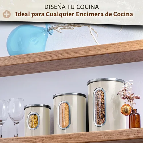Vista 5 de Moss & Stone Juego de recipientes de 3 piezas beige para la cocina, juego de recipientes herméticos con ventana transparente, tarros