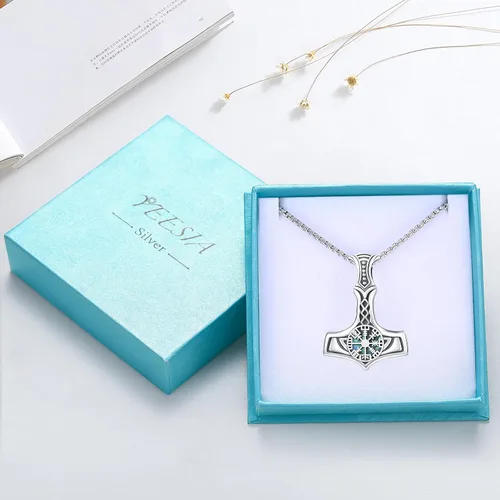 Vista 7 de Mjolnir Collar de plata esterlina S925 Vegvisir Thors Hammer Neckalce Viking nórdico nórdico collares regalos para hombres niños, Plata esterlina