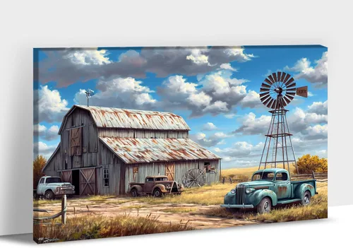 Vista 14 de Arte de pared con estampado de granero blanco de granja, granero y vaca, arte de pared con imágenes de granero blanco, cuadros rústicos de campo