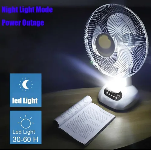 Vista 9 de Ventilador recargable VENTO con panel solar, puerto USB, luz LED nocturna y 2 bombillas gratis. Refrigeración ecológica