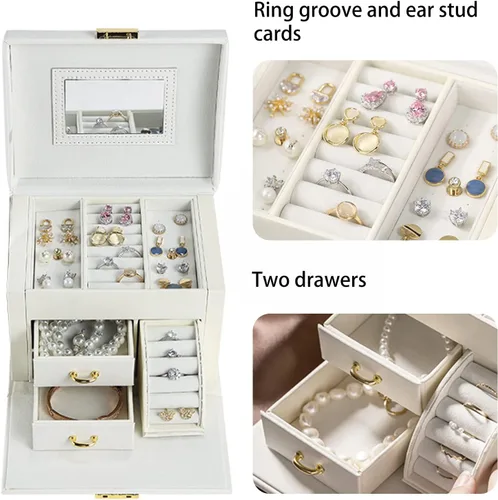 Vista 2 de DREAM&GLAMOUR - Cajas de joyería para mujer, 3 capas, organizador de joyería de piel sintética con espejo y cerradura. Caja de joyería portátil