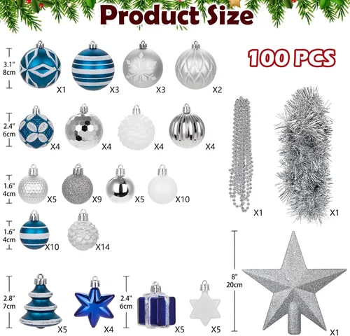 Vista 6 de 100 piezas de juego de adornos de Navidad azul y blanco – Kit de bolas de decoración de árbol de Navidad inastillables con estrella de copa