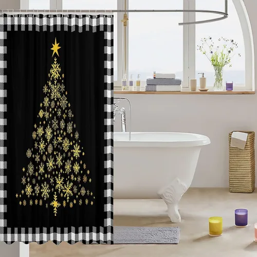 Vista 3 de Homewish Cortina de ducha de árbol de Navidad, juego de cortina de ducha de baño con diseño de copo de nieve dorado para niños y adultos, cortina