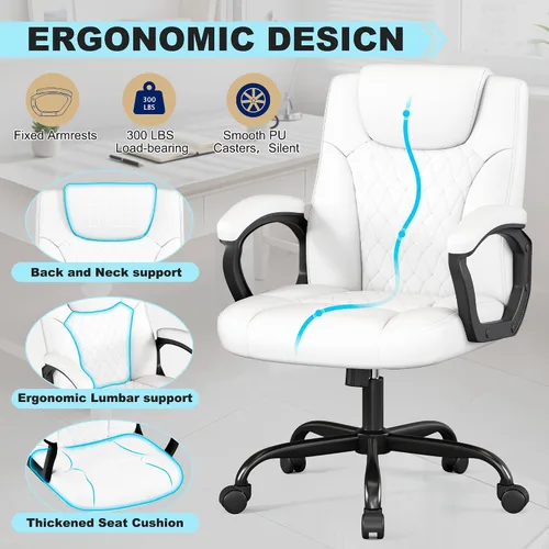 Vista 4 de Misolant Silla de oficina, silla de escritorio ejecutiva, cómodas sillas ergonómicas de piel sintética con reposabrazos fijo, altura ajustable Blanco