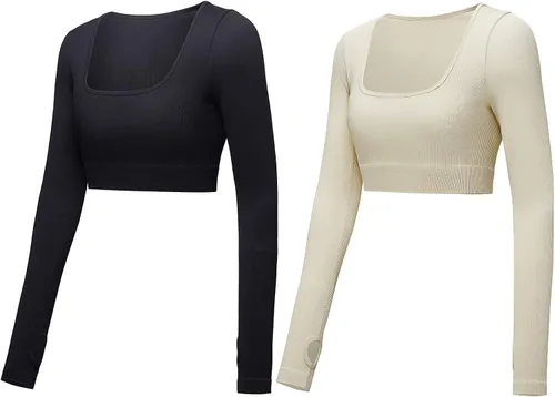 Vista 2 de Conjunto de 2 piezas de manga larga para mujer, camiseta corta de entrenamiento para mujer, gimnasio, acanalado, yoga, niña, estética, sin costuras