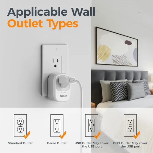 Vista 6 de TESSAN Protector de sobretensiones de 1050 julios, protector de sobretensiones de un solo enchufe con indicador de luz protegida, toma de pared
