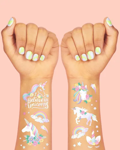 Vista 5 de xo, Fetti 26 tatuajes temporales de unicornio Recuerdos de cumpleaños