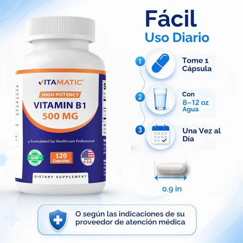 Vista 5 de Vitamina B1 500 mg (mononitrato de tiamina), 120 cápsulas (paquete de 2) High Potency B1, Supports Nervous System Health and Energy Metabolism*