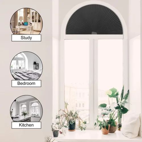 Vista 2 de Persianas plisadas con arco para ventana, fáciles de cortar e instalar, persianas plisadas parpadeantes y opacas, color gris, 72 x 36 pulgadas