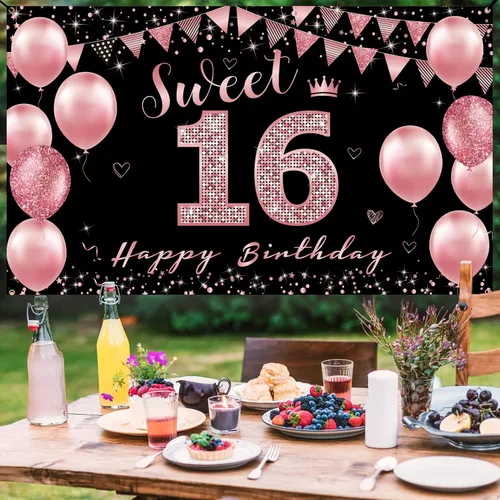 Vista 5 de Vicycaty Decoraciones de cumpleaños de 16 años – Cartel de fondo, decoración de fiesta de feliz 16 para niñas, cartel de 16 yardas de oro rosa