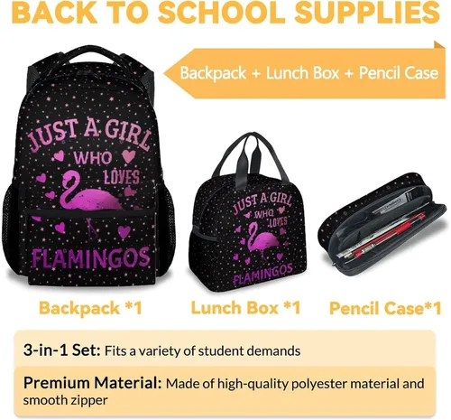 Vista 3 de Mochila Flamingo con fiambrera, juego de 3 mochilas escolares a juego, bonita bolsa rosa y estuche para lápices