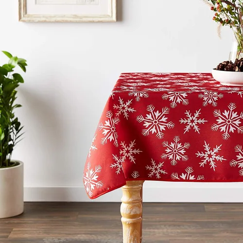 Vista 6 de Violet Linen Manteles rojos decorativos con diseño de copos de nieve navideños - 60" redondos