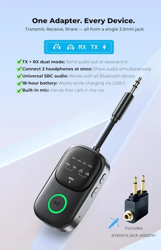 Vista 2 de Receptor transmisor Bluetooth, adaptador de audio 2 en 1 para avión, TV, coche Connect Dual Headphones & Stereo Speaker Wireless 3.5mm AUX Jack