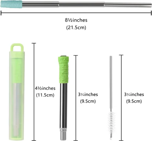 Vista 2 de Paquete de 3 pajitas plegables reutilizables con punta de silicona, telescópicas portátiles de acero inoxidable reutilizables con funda, cepillo