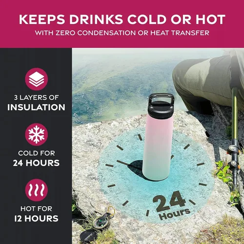 Vista 3 de Botellas de agua de acero inoxidable con triple aislamiento con pajita, botellas de agua aisladas reutilizables de 25 Oz con 3 tapas, botella
