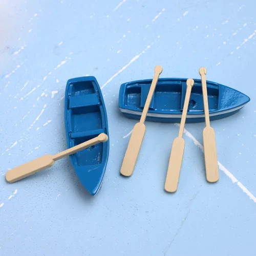 Vista 6 de Framendino, 2 juegos de mini bote de remos pequeño barco de madera con remos para accesorios de jardín de hadas