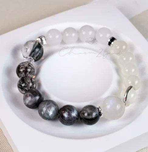 Vista 14 de Precious Gemstone Natural Crystal Healing Bracelet, Rutilated Quartz, Moonstone, Quartz Handmade Original Design Bracelet