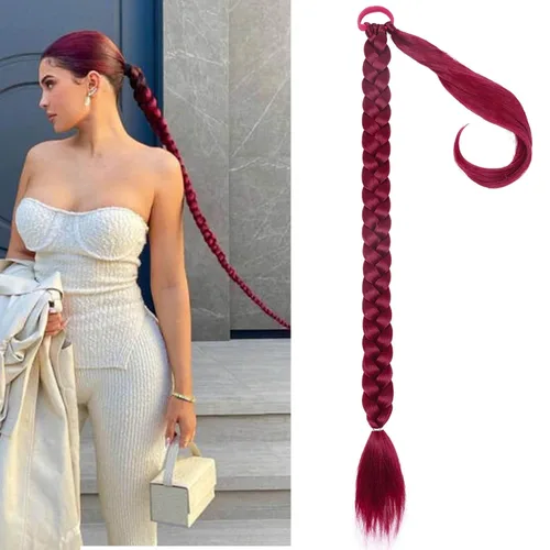 Vista 27 de Extensiones de cola de caballo trenzada de 20 pulgadas de largo para mujer, extensiones de cabello lacio envolvente con banda para el cabello, cola