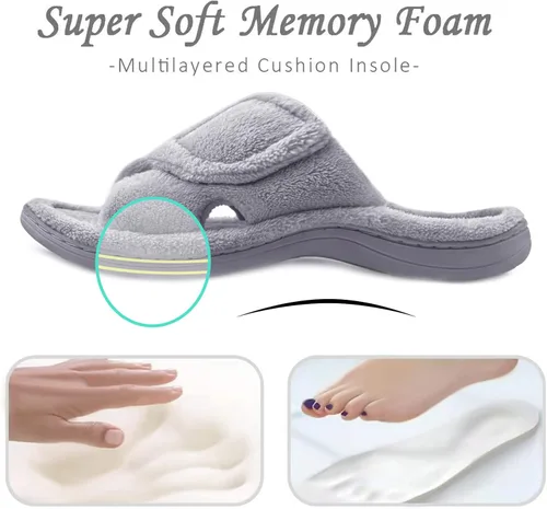 Vista 5 de Womens Adjustable Diabetic Slippers Memory Foam House Shoes Cozy Arch Support Orthotic Heel Cup Arthritis Edema Slippers Non Slip Rubber Sole Open