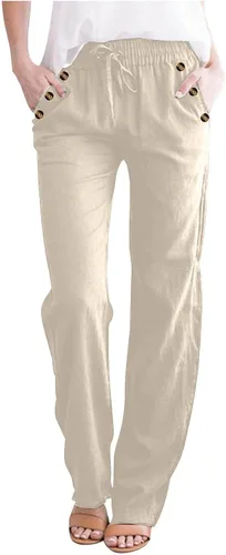 Vista 14 de Casual Pants for Women Summer Solid Color Drawstring Elastic Waist Pants Baggy Straight Leg Long Trouser with Pocket