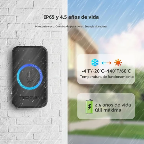 Vista 4 de TECKNET Timbres Inalámbricos para el Hogar, IP65 Impermeable 1,300 Pies 120dB Timbre de Puerta Inalámbrico para Aula con 60 Melodías y 5 Niveles