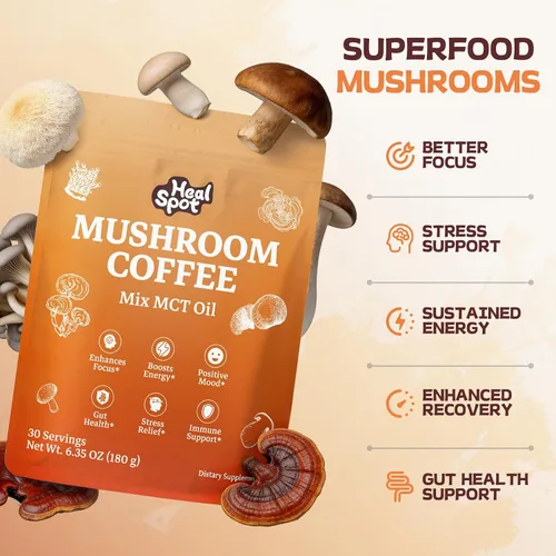 Vista 3 de Café de hongos de 60,000 mg – 13 hongos naturales mezcla de aceite MCT y vitaminas, café instantáneo Keto Arábica con Ashwagandha y L-teanina y más