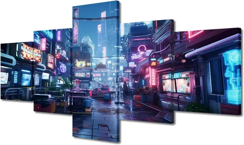 Vista 96 de Póster de 5 paneles en lienzo para decoración de pared, diseño de centro urbano Cyberpunk, impresión moderna, decoración de pared para el hogar