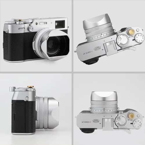 Vista 9 de Capota cuadrada de metal Haoge para Fuji X100VI Fujifilm FinePix X100V X100F X100 X100S X100T X70 Accesorios de cámara, color plateado con tapa