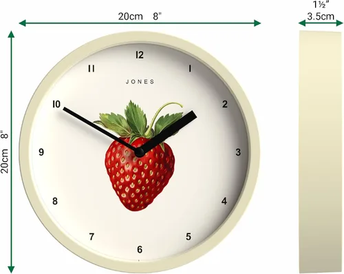 Vista 3 de JONES CLOCKS® Reloj de pared de frutas Reloj redondo pequeño 8 pulgadas Crema Arte botánico ilustrado de fresa Ideal para cocina y comedor.