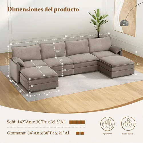Vista 2 de Vesgantti Comfy Cloud - Sofá modular modular de 142 pulgadas, sofás en forma de U con 2 otomanas para sala de estar, asiento profundo